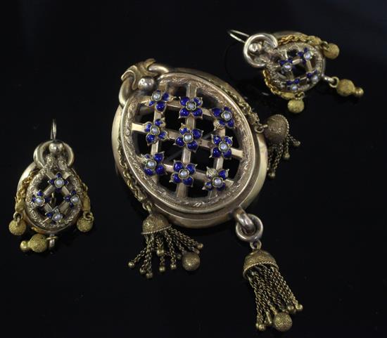 A Victorian gold, enamel and split pearl set demi-parure, brooch overall 82mm.
